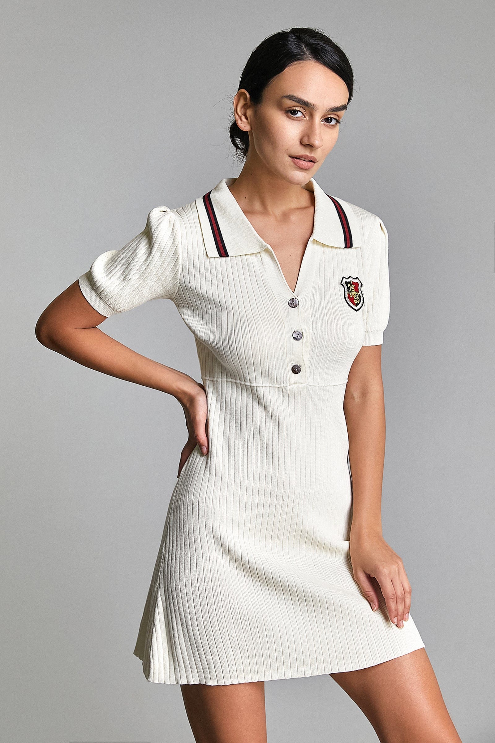 Ivory Embroidered Patch Polo Rib-Knit Dress
