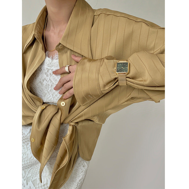 Satin Ballon Khaki Sleeve Blouse