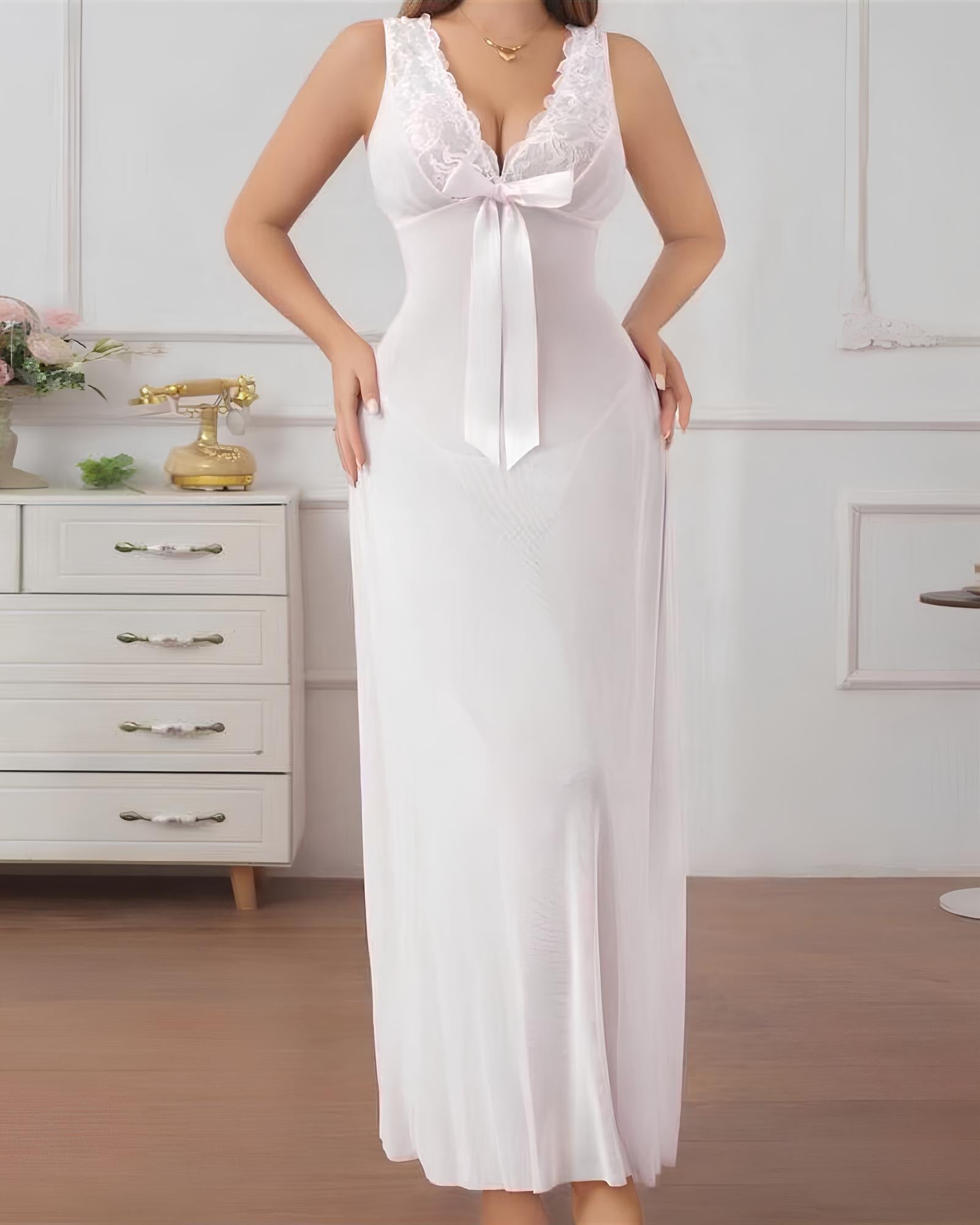 Deep V-neck High Slit Lace See-through Long Nightgown