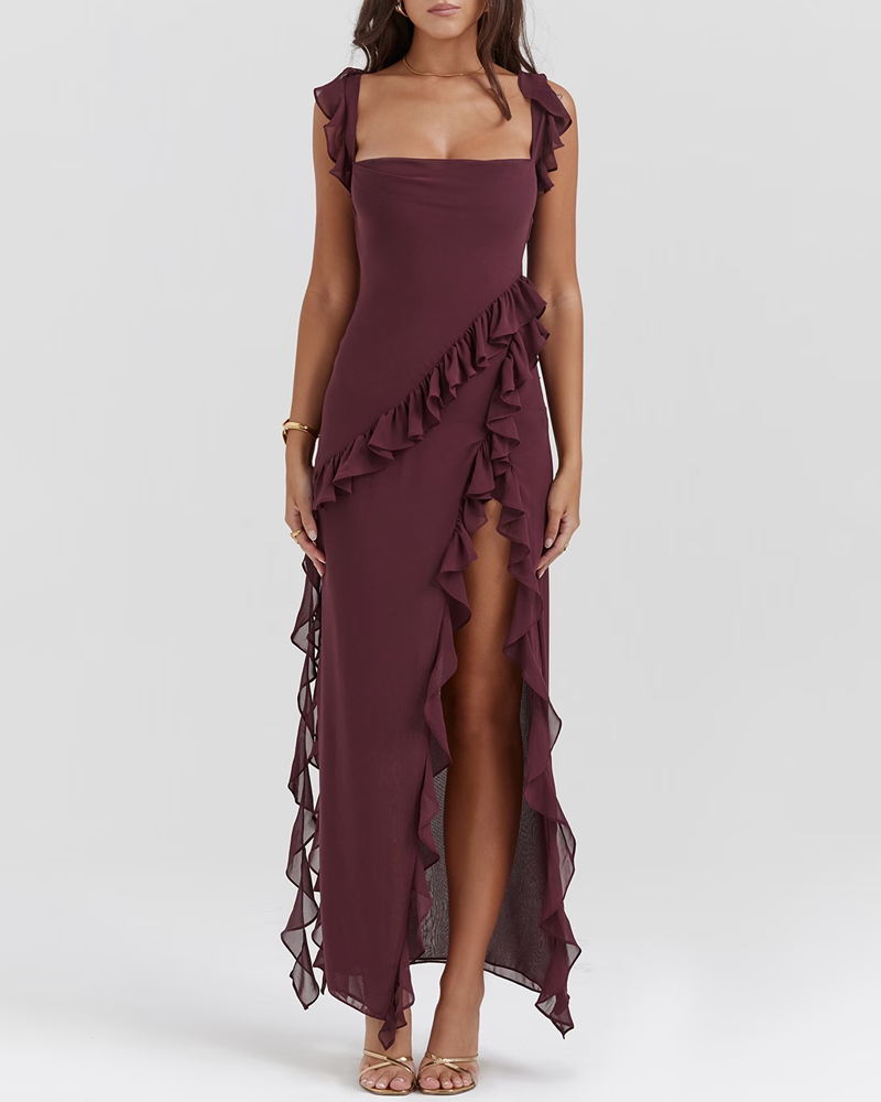 Ruffle Trim Slit Maxi Dress