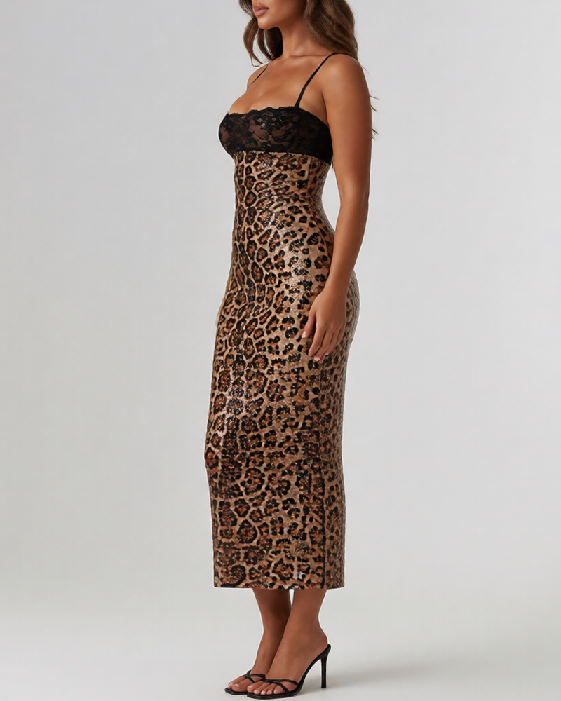 Lace Patchwork Leopard Sequin Bandeau Strap Dress