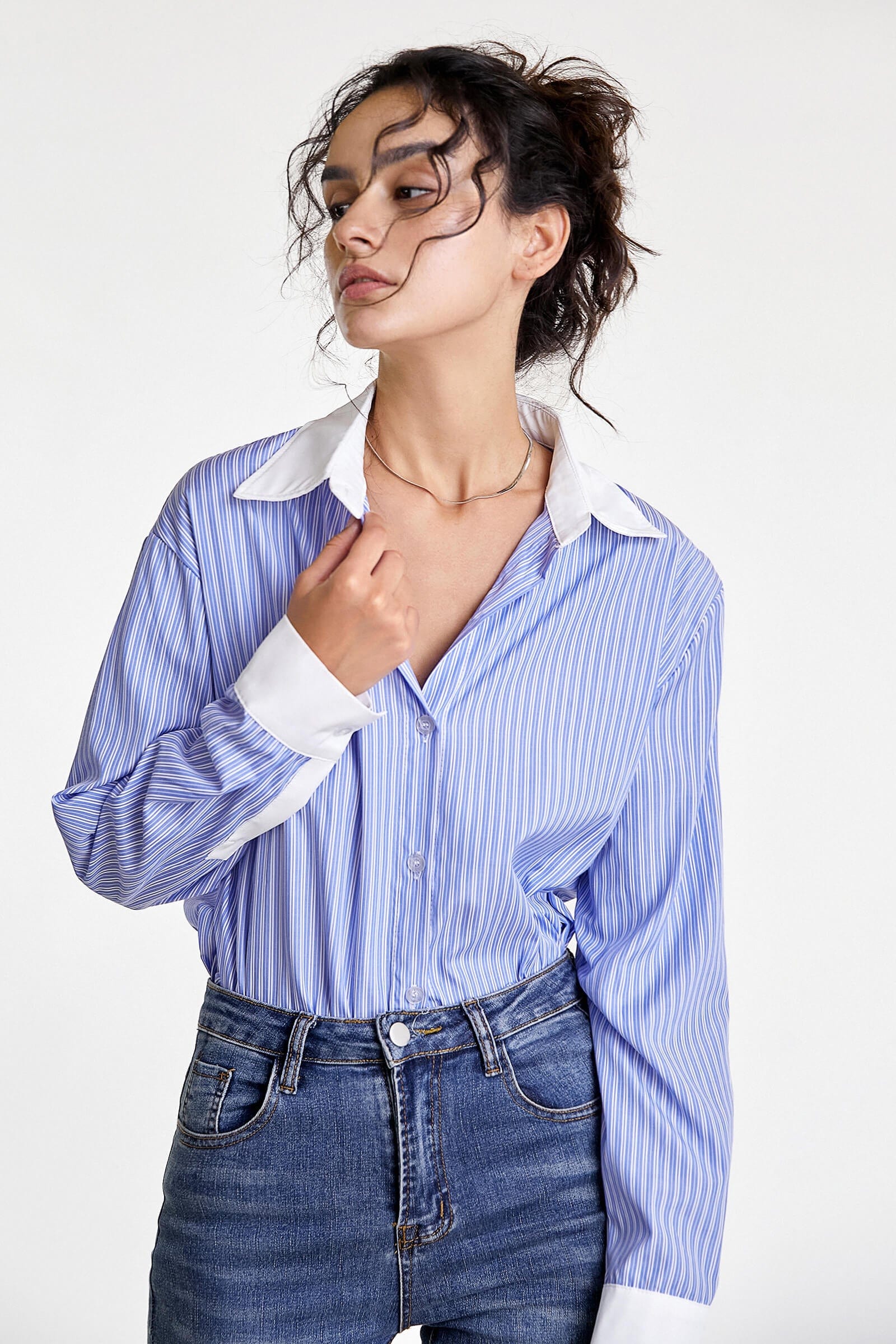 Cornflower Blue Contrast Striped Longline Shirt