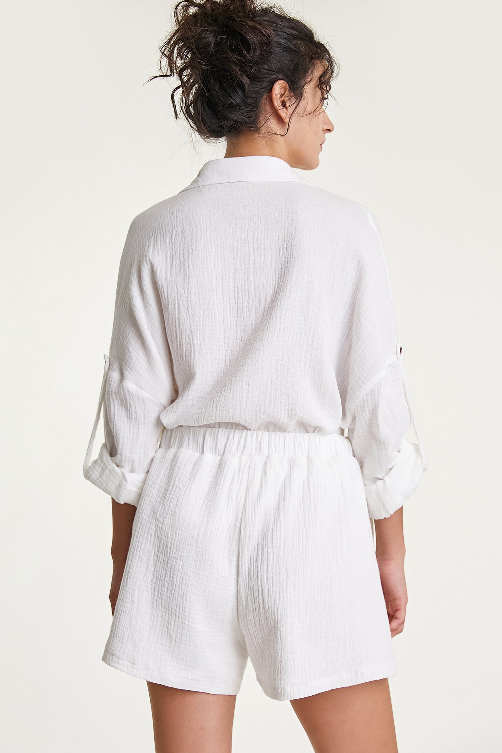 White Cotton Button-Up Shirt & Shorts Two-Piece Set