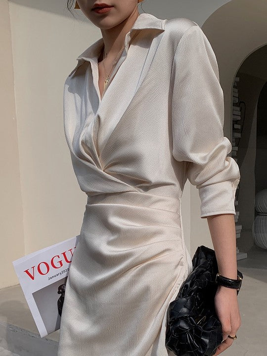 Ivory Pleat Detail Button Front Shirt Dress