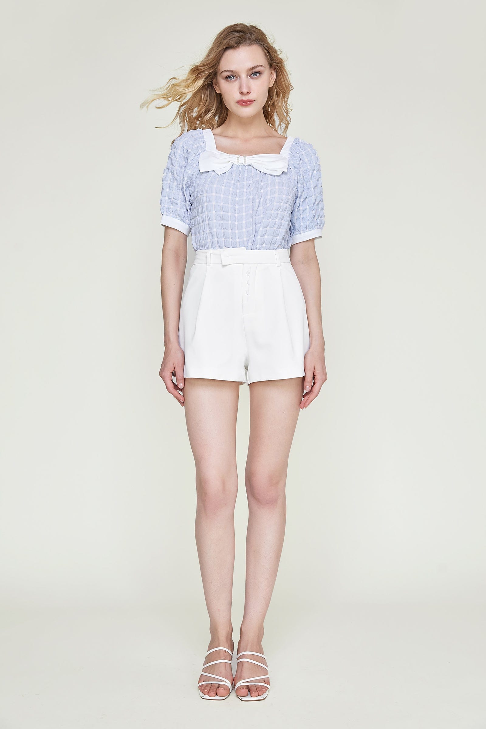 Light Sky Blue Square Neck Bow-Embellished Textured Blouse