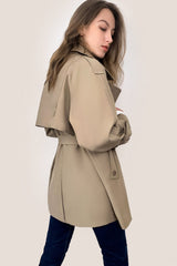 Khaki Double-Breasted Belted Short Trench Coat