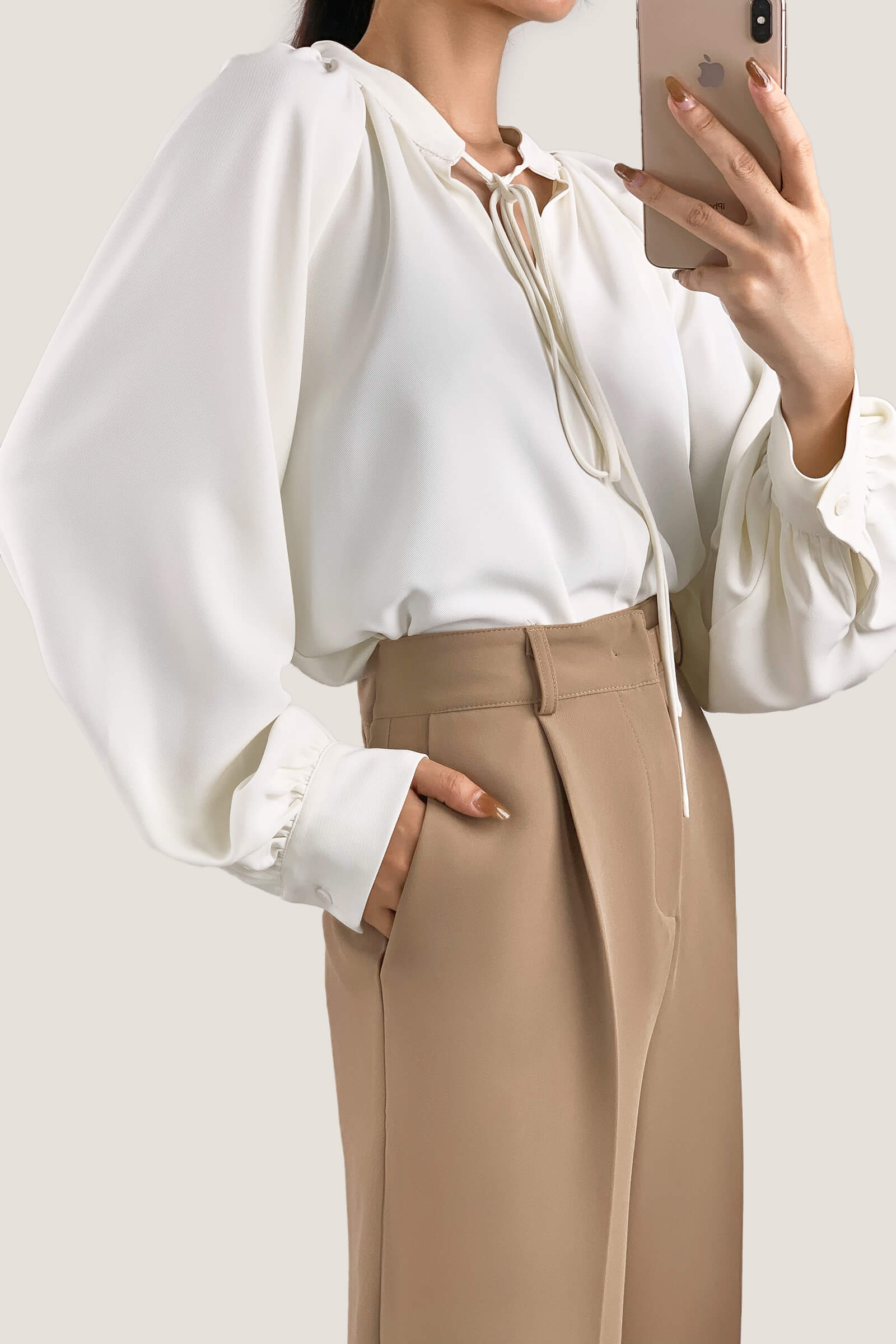 Ivory Tie Neck Balloon Sleeve Gathered Detail Blouse