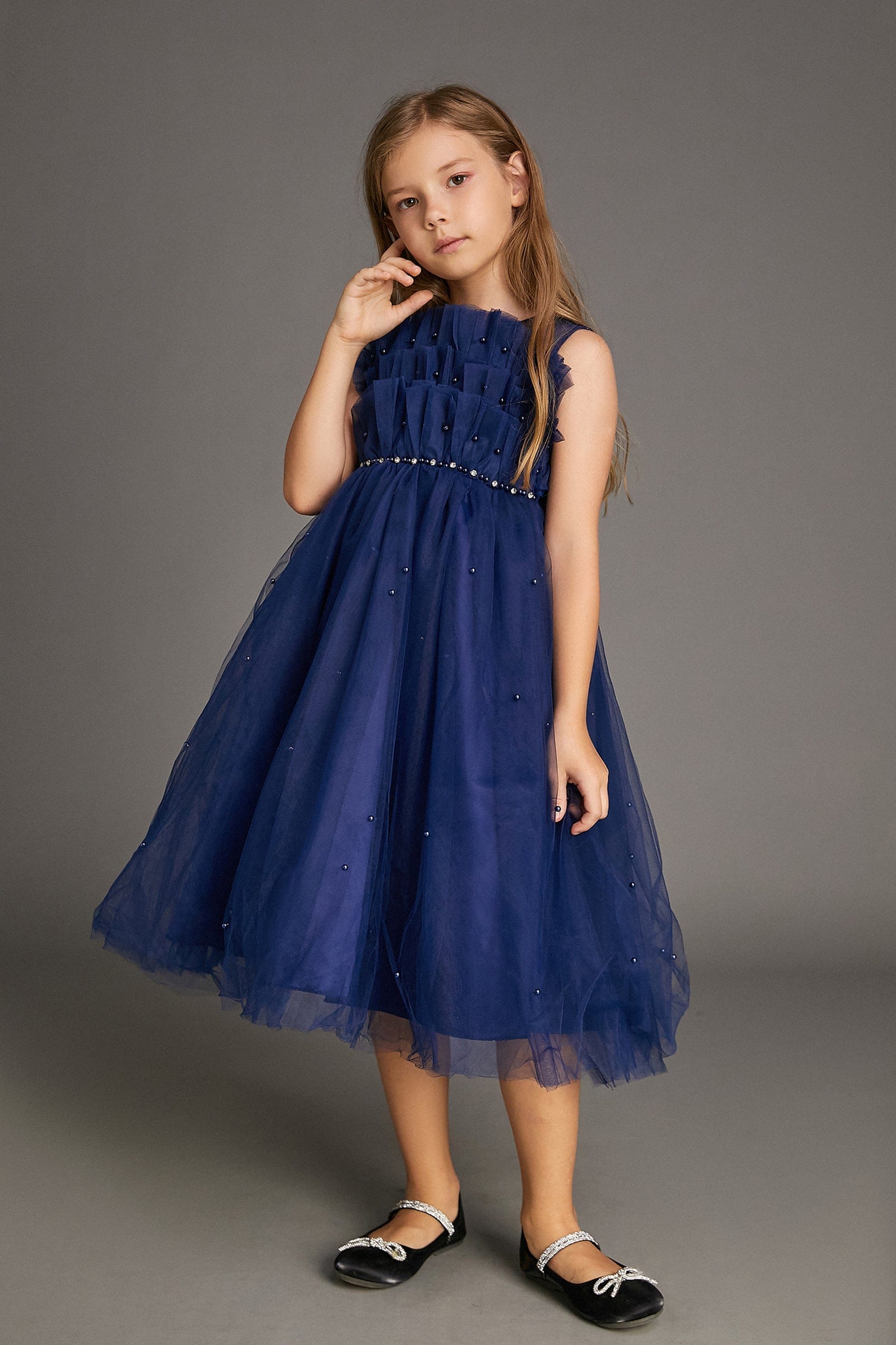 Kids Girls Midnight Blue Strapless Ruffled Pearl-Embellished Tulle Maxi Party Dress