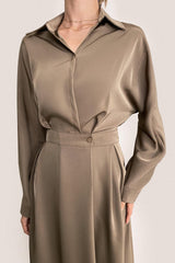 Brown Surplice Pleat Detail A-Line Maxi Shirt Dress