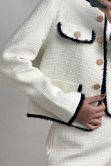White Contrast Frayed Trim Tweed Jacket & Mini Skirt Two-Piece Set