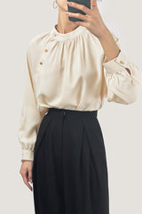 Crew Neck Button Detail Pleated Blouse