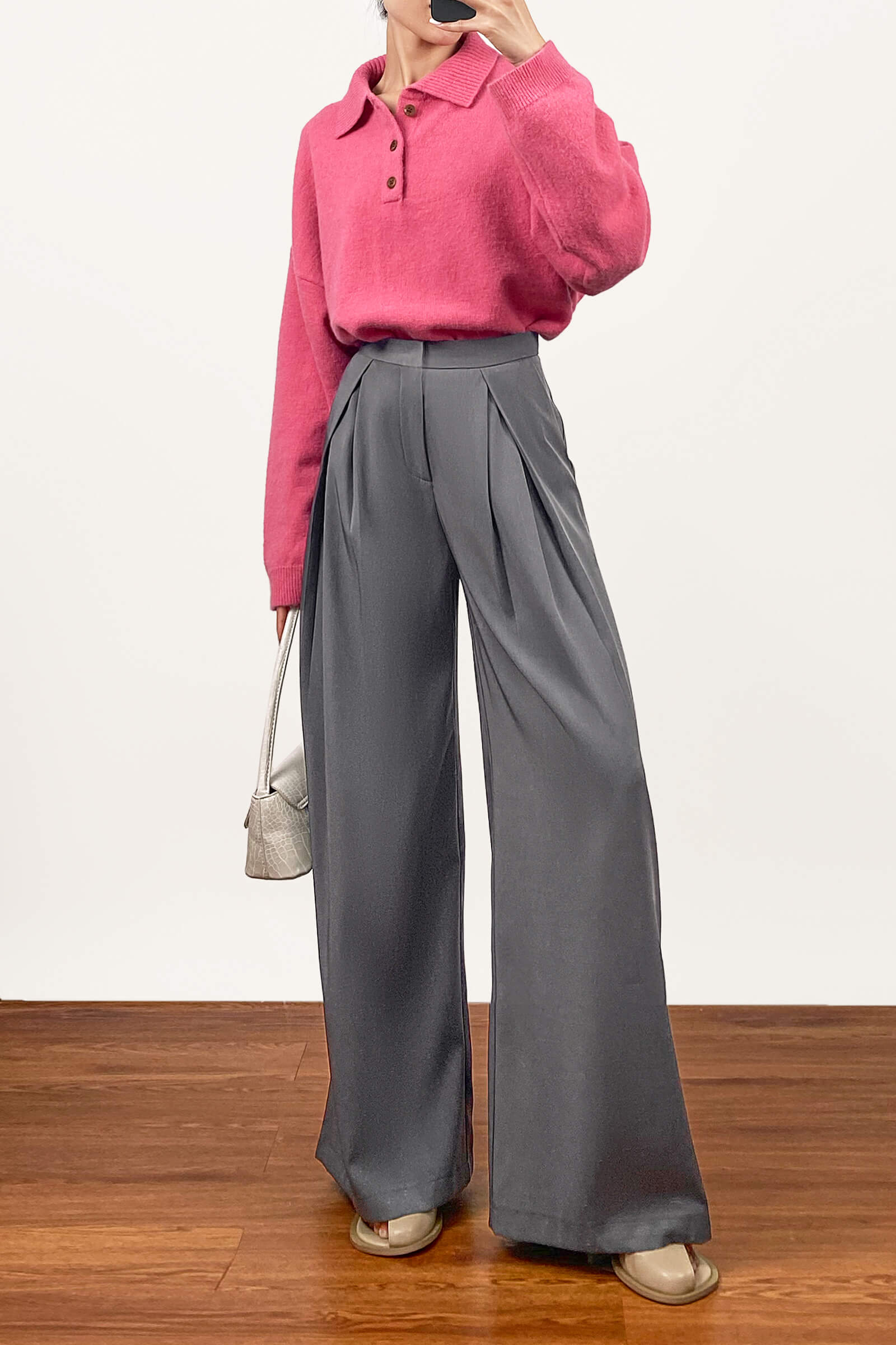 Dark Grey Pleated Wide Leg Work Pants