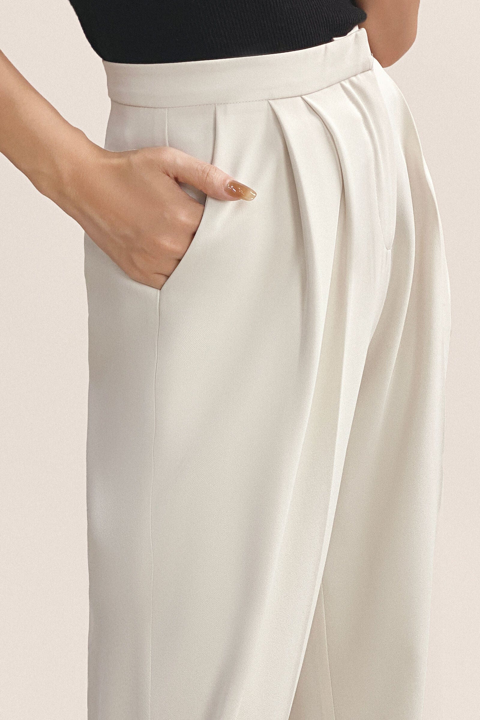 White Pleat Detail Wide Leg Work Pants