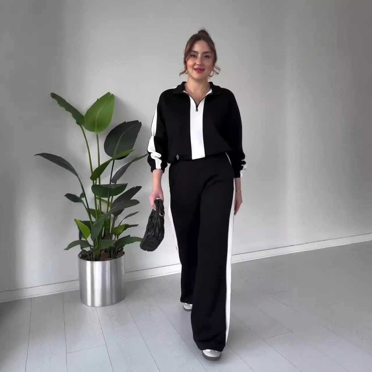 Zipper Lapel Tops & Pants 2-Piece Set