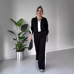 Zipper Lapel Tops & Pants 2-Piece Set