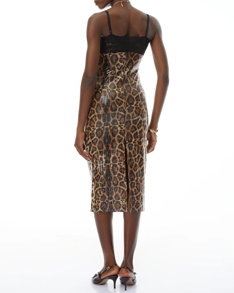 Lace Patchwork Leopard Sequin Bandeau Strap Dress