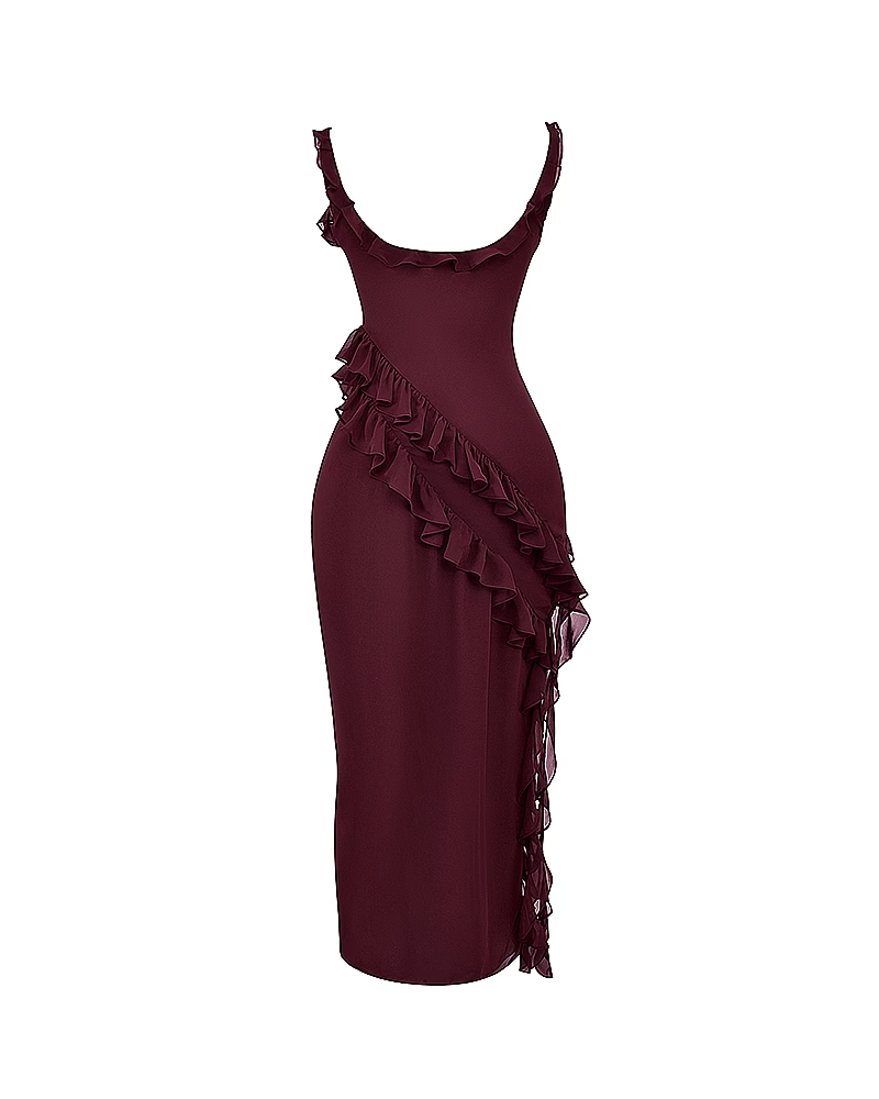 Ruffle Trim Slit Maxi Dress