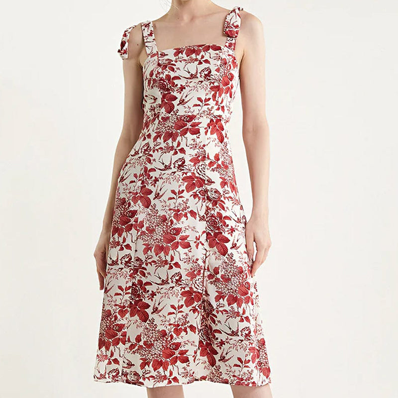 Beige Floral Print Tie Strap Slit Hem Midi Dress