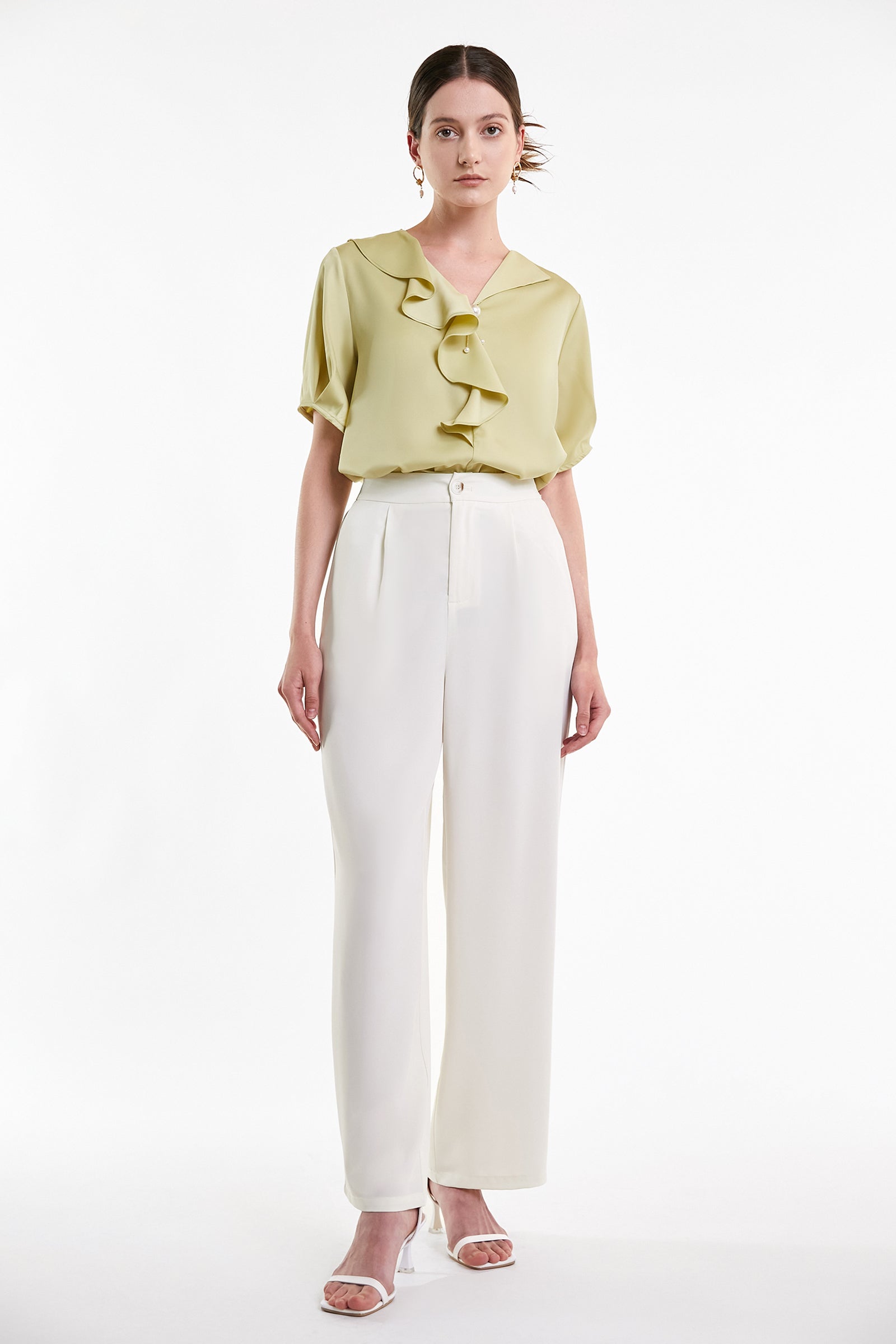 Yellow Green Flounce-Trimmed Short Sleeve Blouse