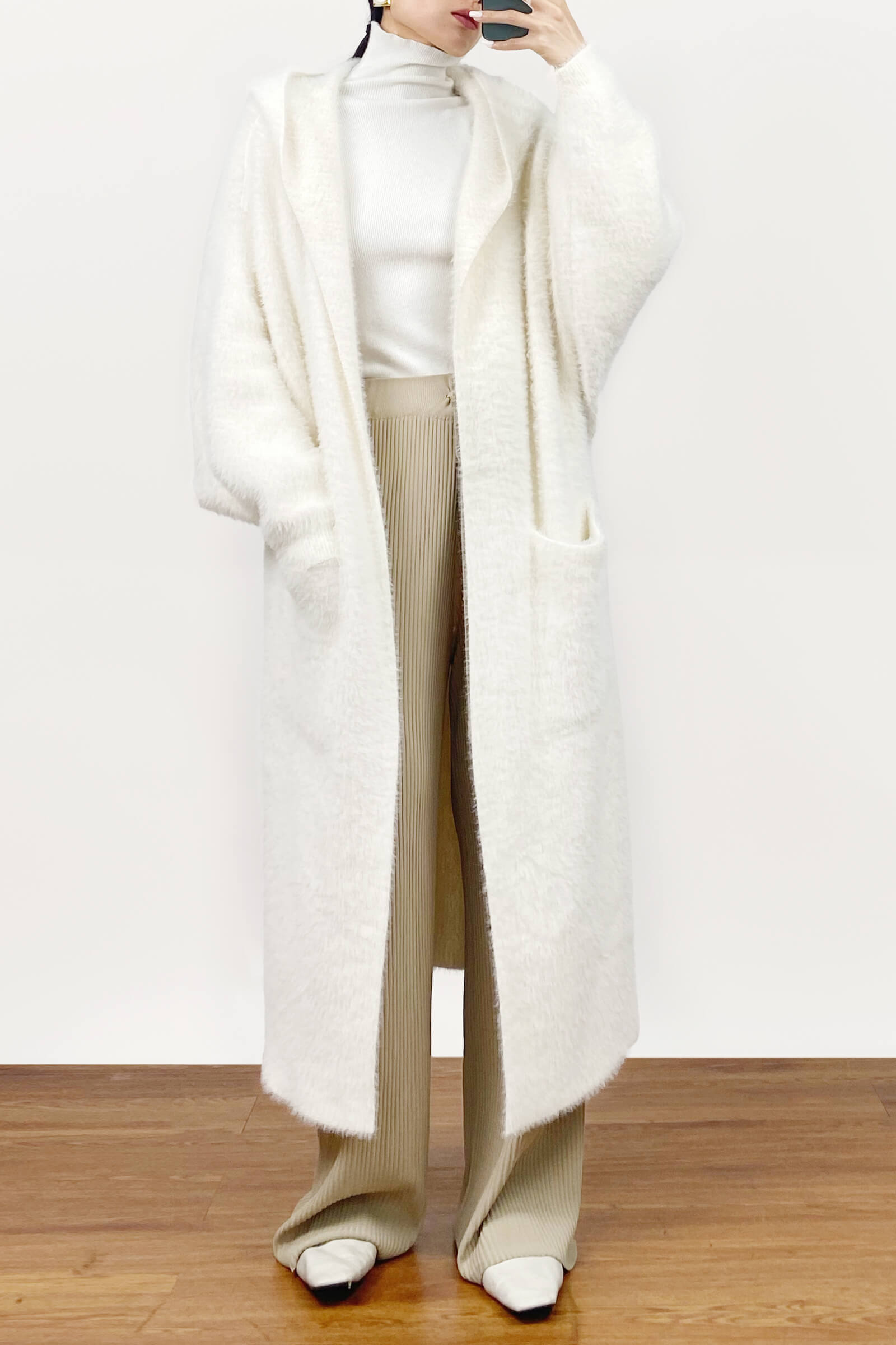 Ivory Faux Fur Open Front Hooded Long Cardigan