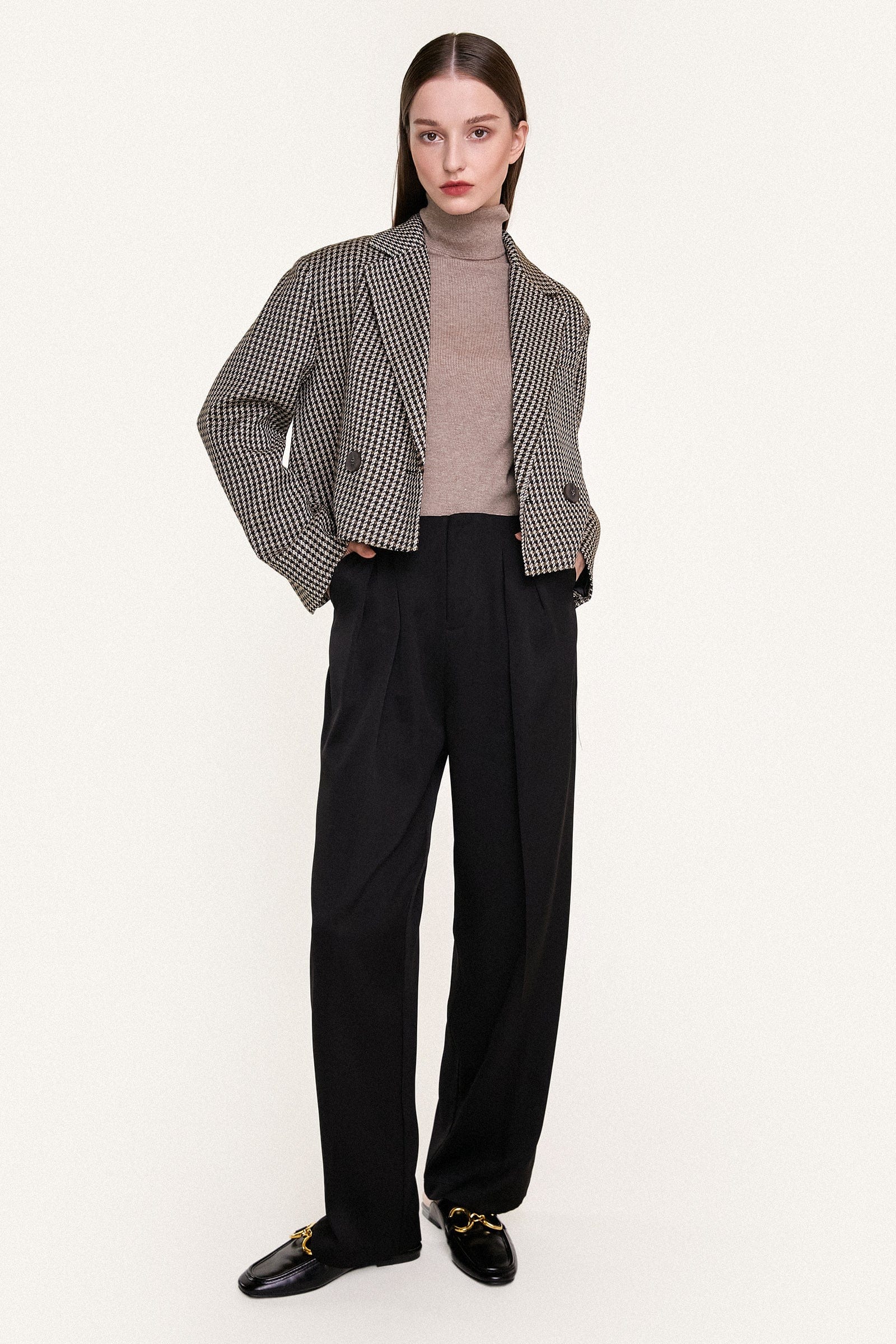 Sienna Double-Breasted Houndstooth Cropped Blazer