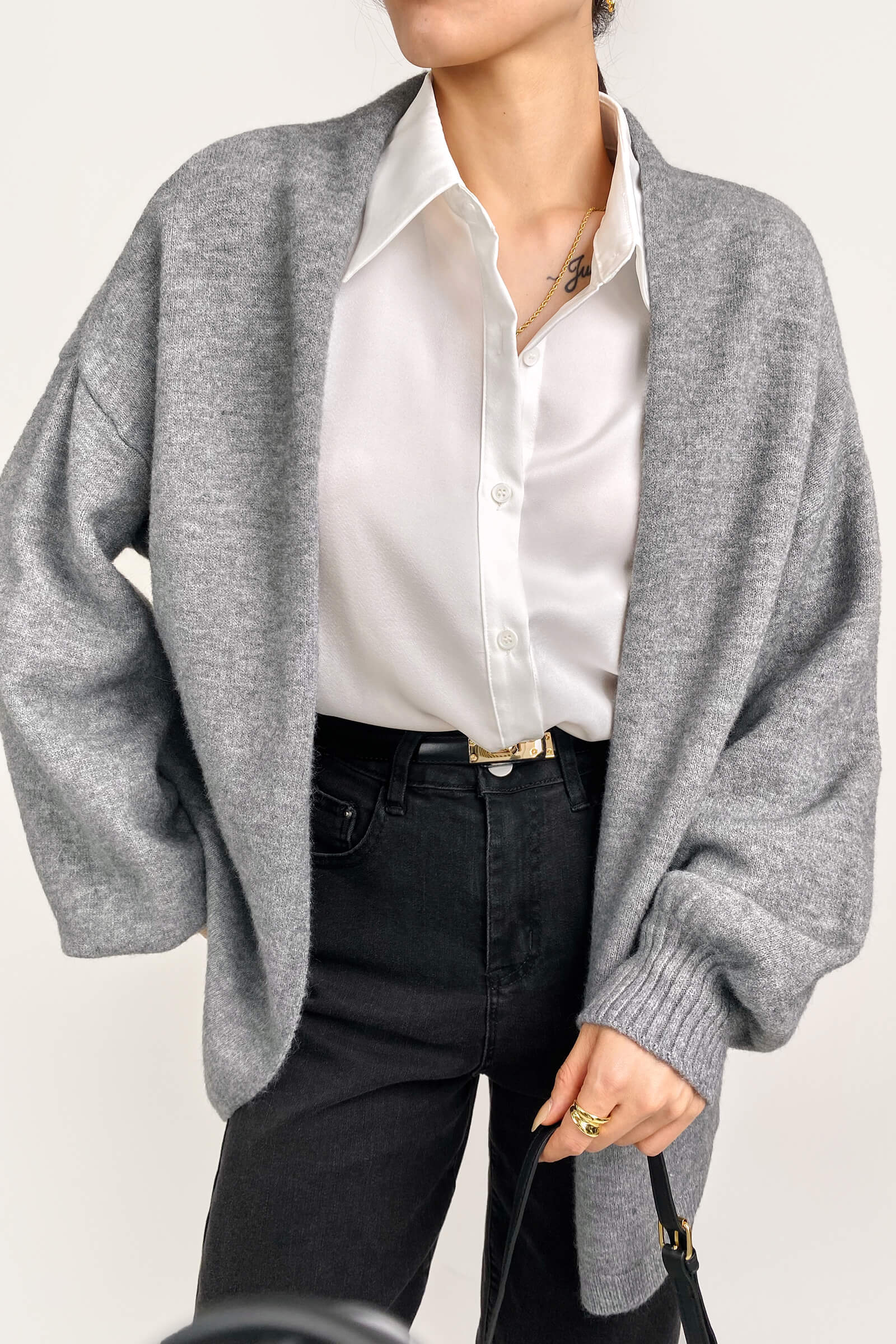 Light Grey Open Front Relaxed Fit Cardigan