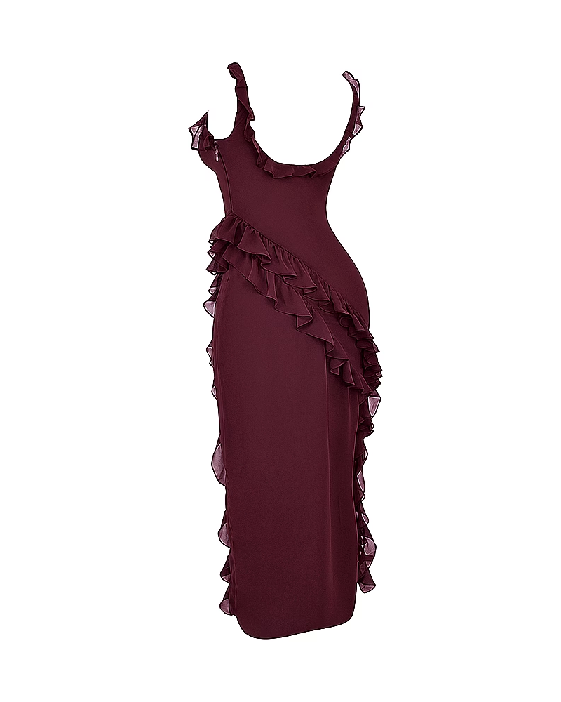 Ruffle Trim Slit Maxi Dress