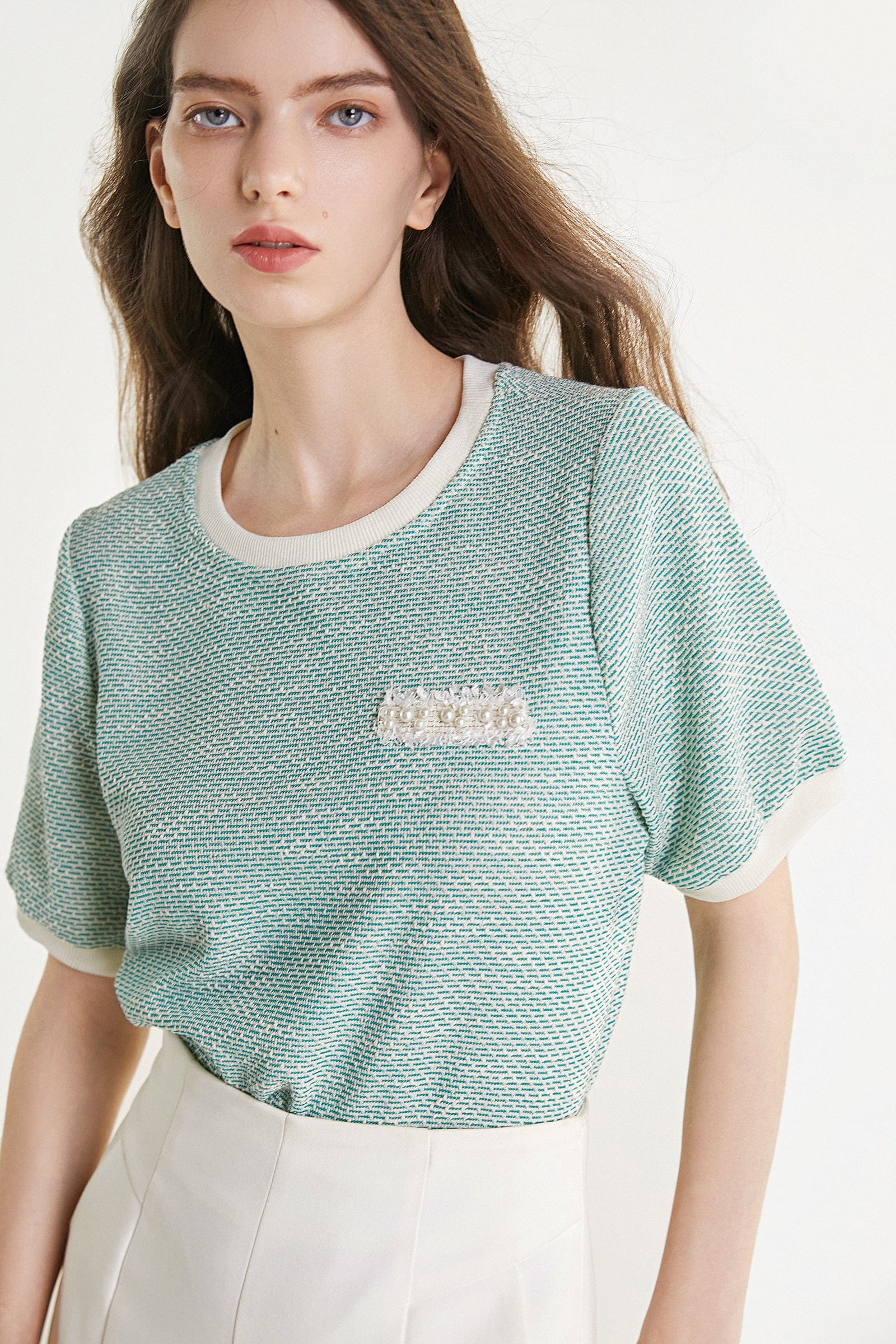 Light Green Textured Round Neck Contrast Trim Detail Blouse