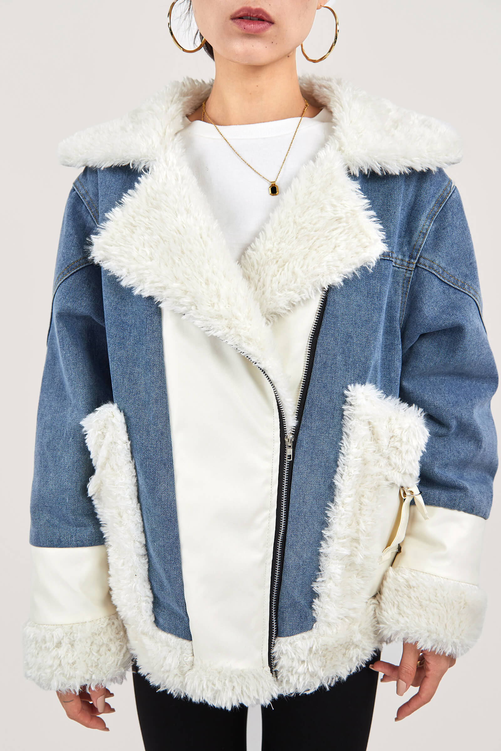 Zip Up Teddy Denim Jacket