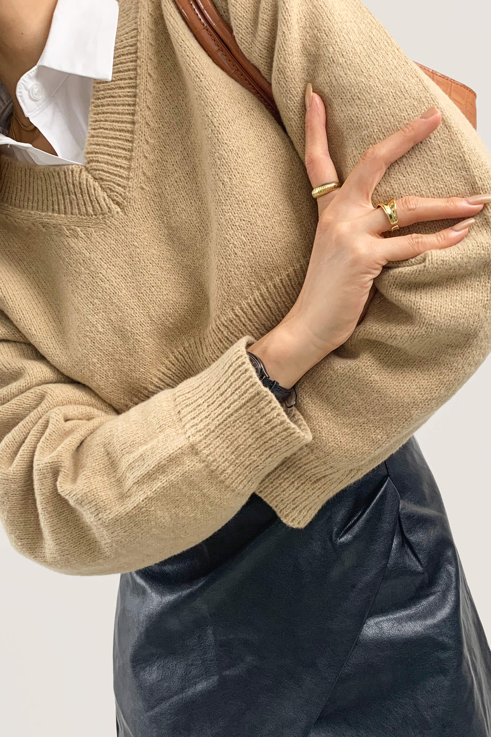 Tan V-Neck Ribbed Trim Cropped Sweater