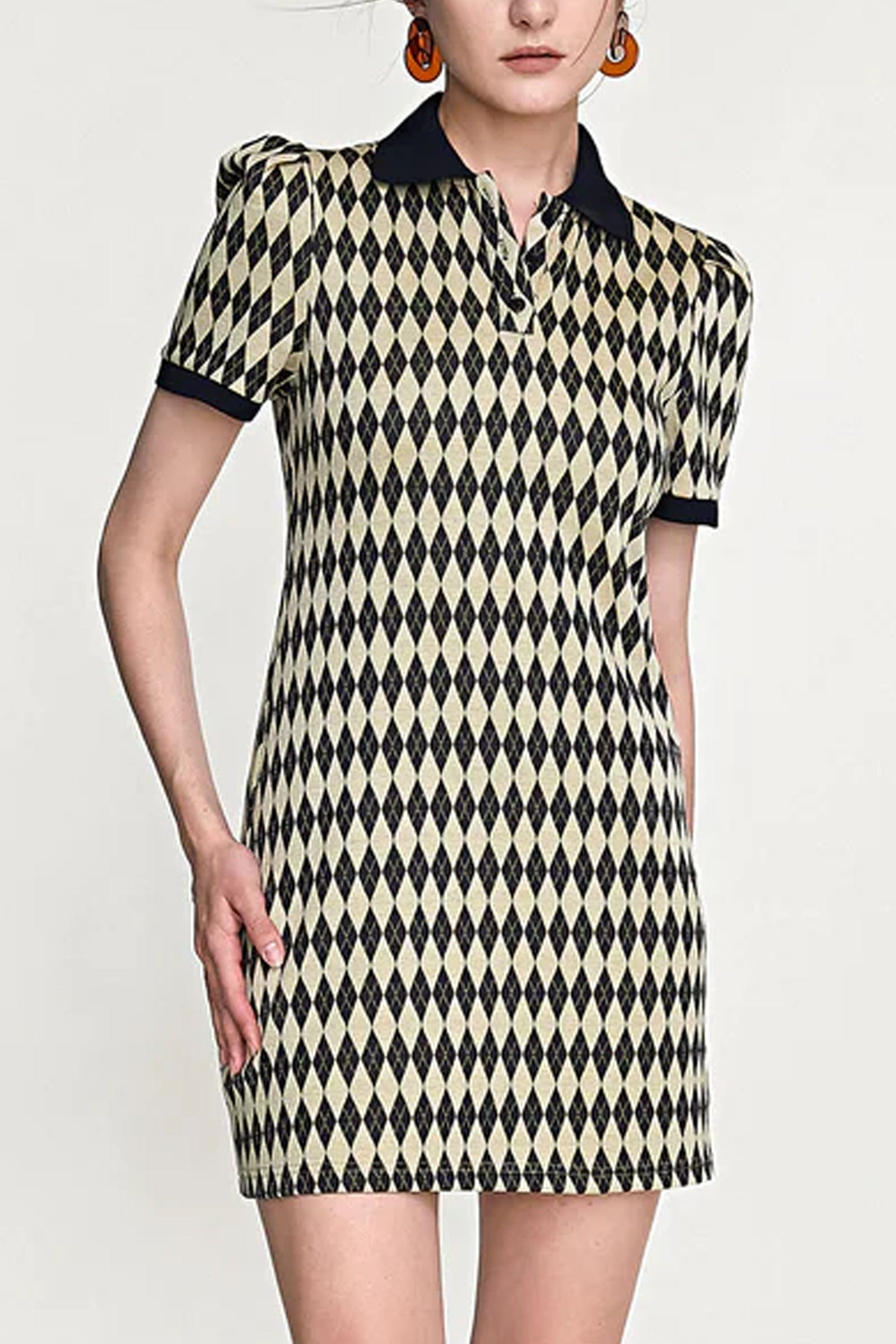 Black Diamond Check Knitted Polo Collar Mini Dress