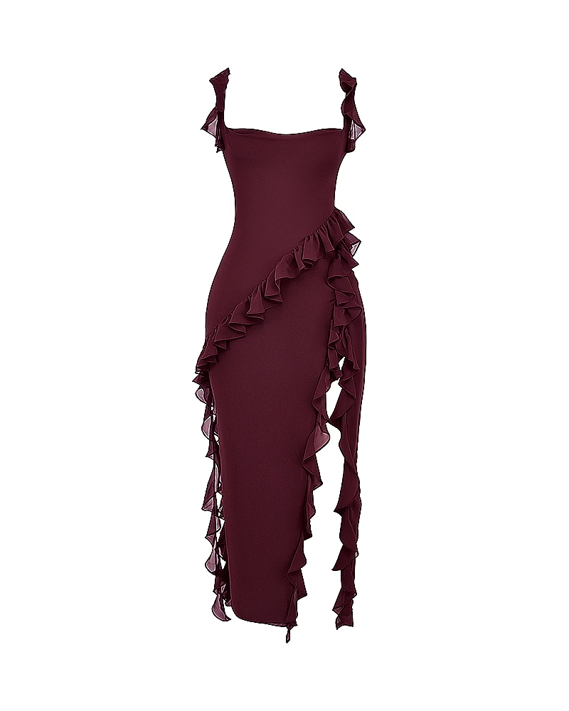 Ruffle Trim Slit Maxi Dress