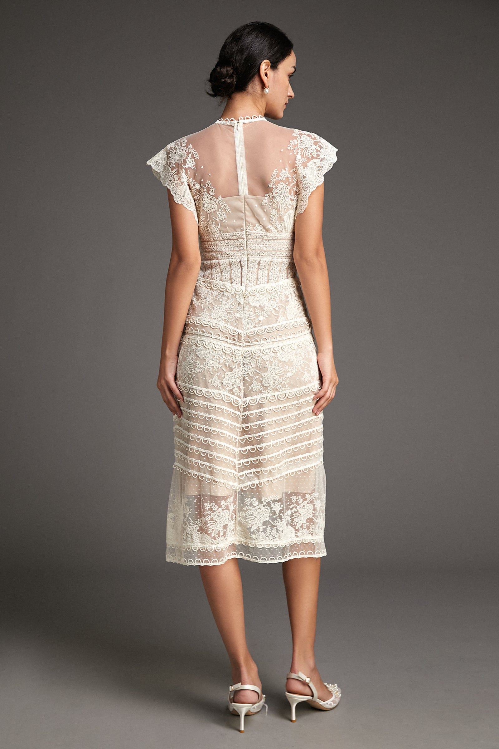 White Lace Scallop-Edge Cap Sleeve Midi Dress