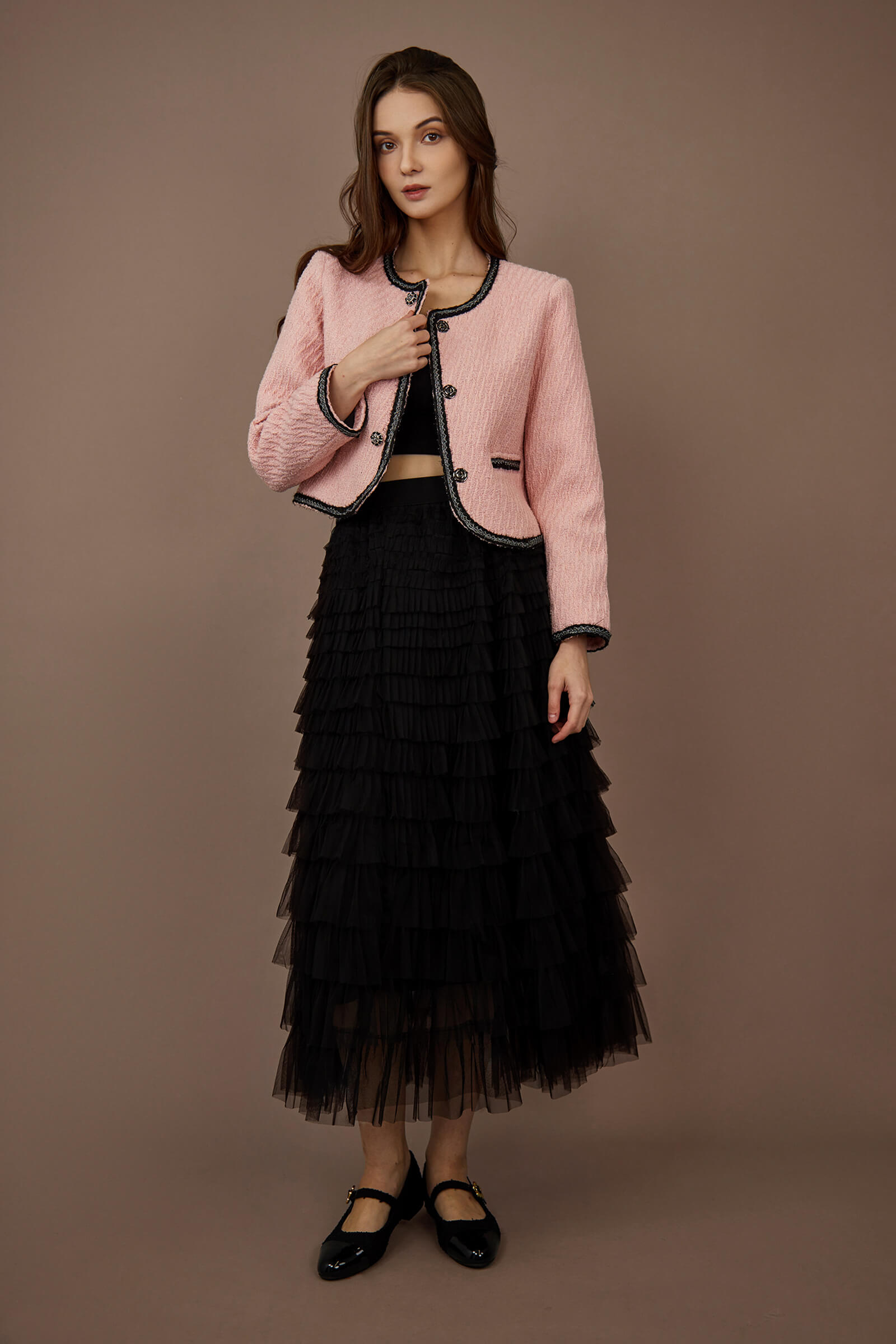 Pink Contrast Trim Tweed Jacket