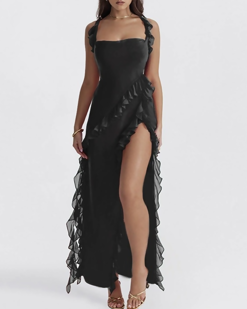 Ruffle Trim Slit Maxi Dress