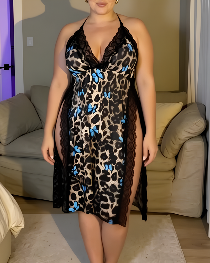 Plus Size Leopard Print Butterfly Tie Strap Side Slit Nightdress
