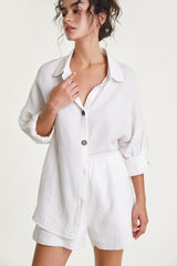 White Cotton Button-Up Shirt & Shorts Two-Piece Set