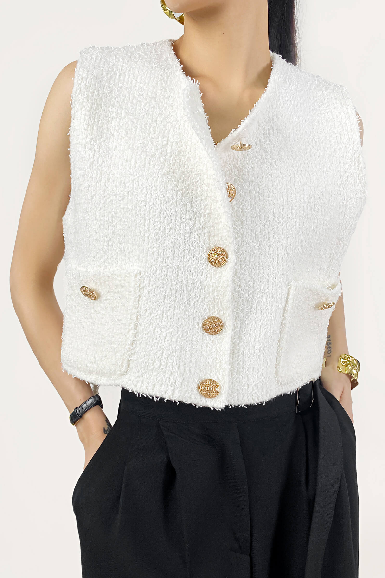 White Pocket Detail Gold Button Cropped Knitted Vest