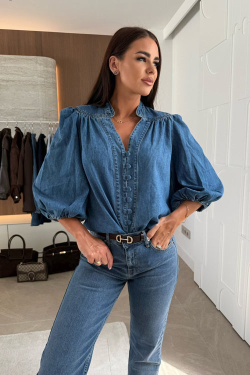 Countryside Perfection Medium Wash Denim Half Sleeve Top - 2 Colors