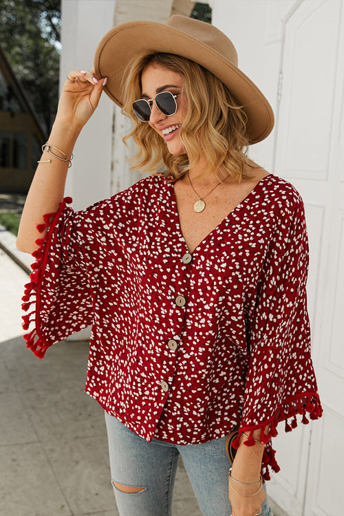 Sunshine Soul Printed Tassel Button-Up Top - 3 Colors