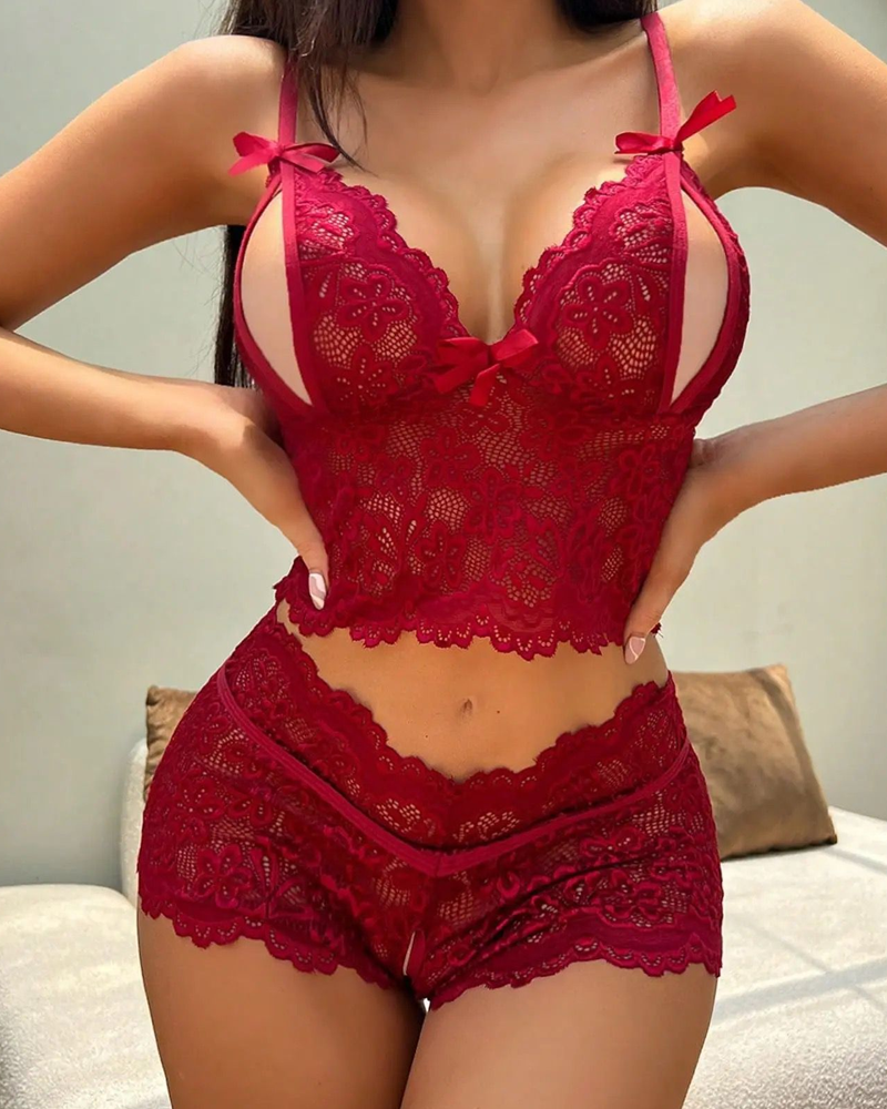 Cut-Out Bust Lace Strappy Lingerie Set