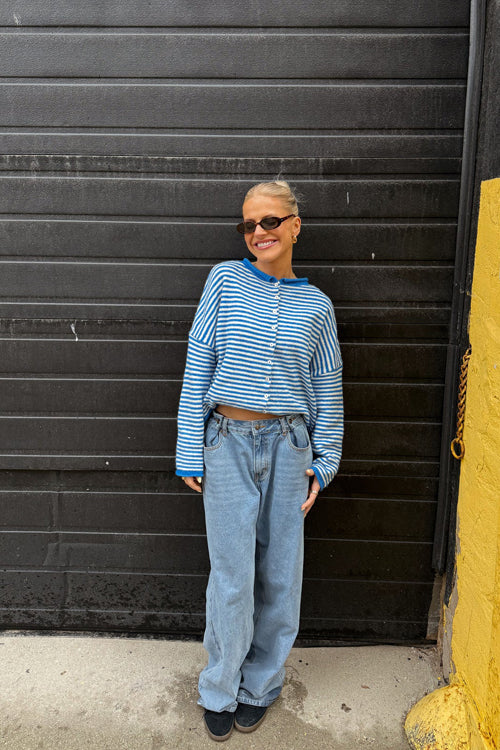 Attractively Cozy Soft Striped Knit Cardigan - Blue