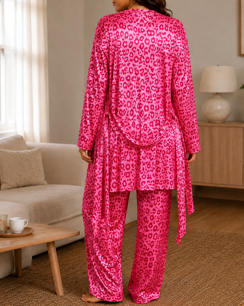 Leopard Print Satin Robe Pajama Set