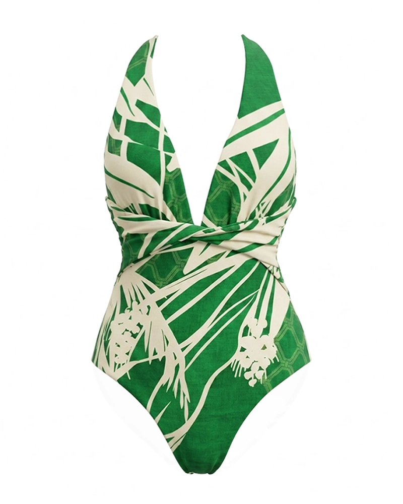 Elegant Green Botanical Print Swimsuit Set