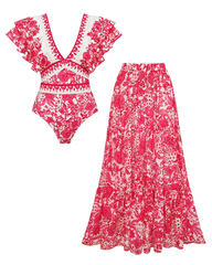 V Neck Ruffle Printed Swimsuit Set