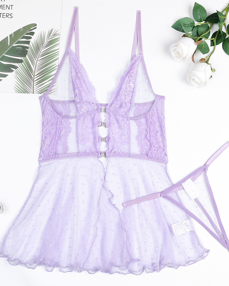 Polka Dot Sheer Mesh Lace Cami Slip Dress