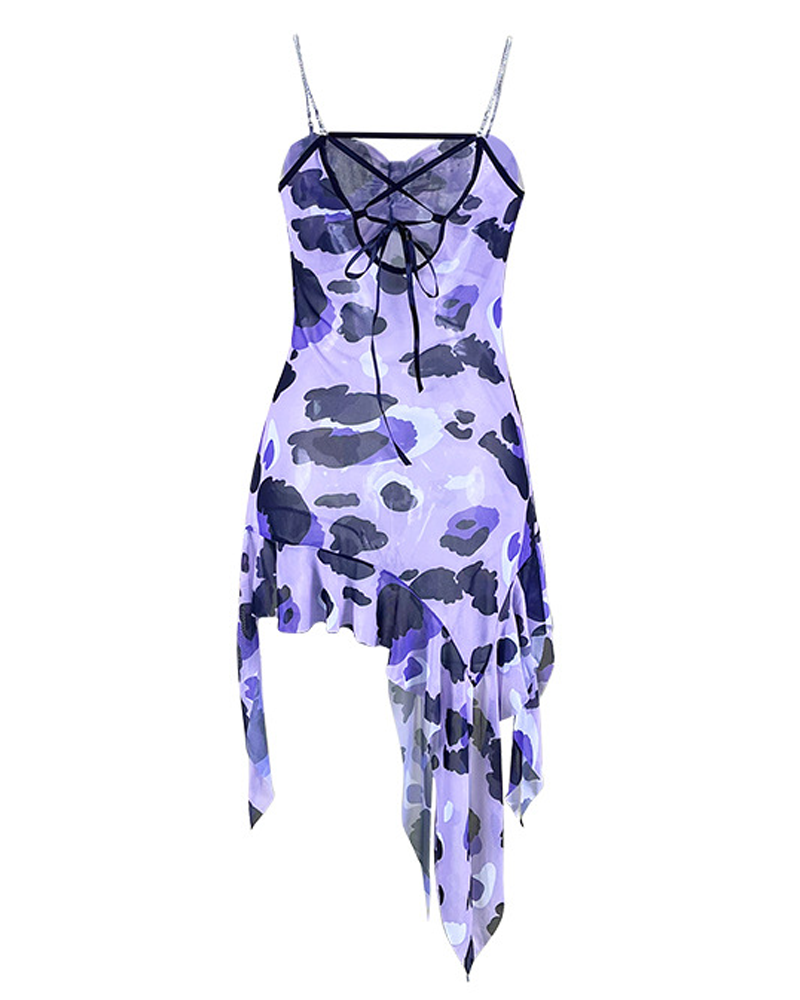 Leopard Print Sheer Mesh Rhinestone Strap Nightgown