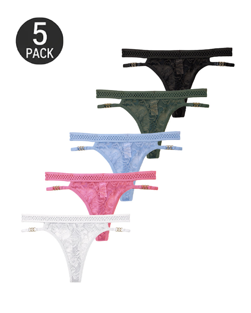 Multiple-Pack Lace Mesh Metal Buckle Decoration Thongs
