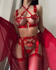 Red Sequin Heart Crisscross Lace-Up Lingerie Set
