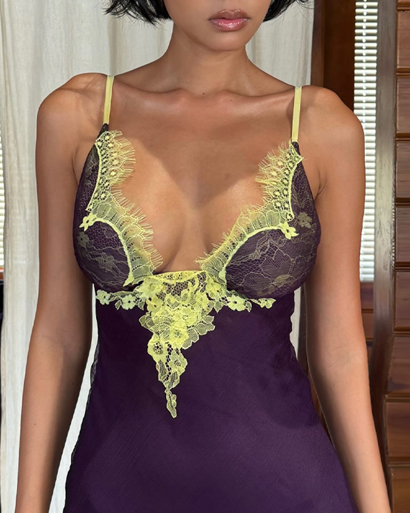 Lace Mesh Patchwork Contrast Color Babydoll Nightgowns